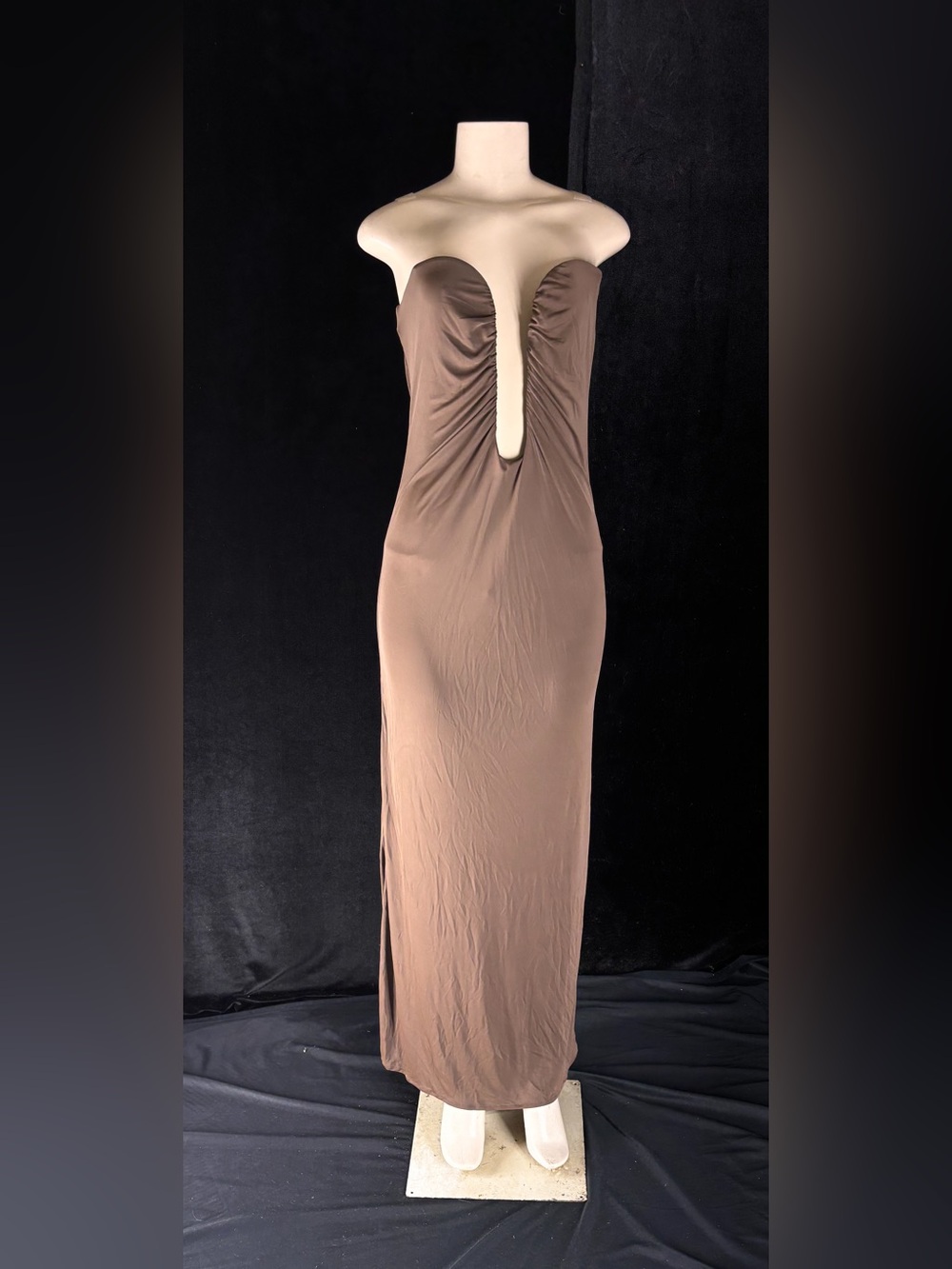 Strapless Brown Plunge Maxi Dress